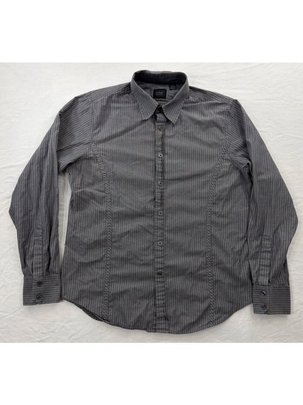Mens Large Grey/White Stripe Guess Button Up Long Sleeve Cotton Casual Shirt